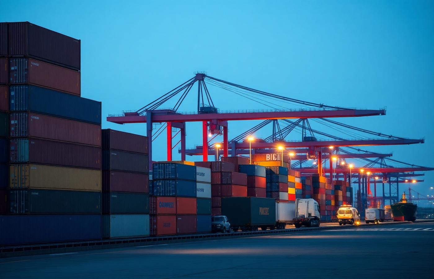 Port containers at blue hour